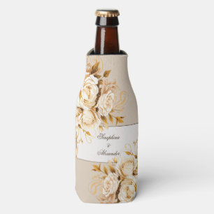 Porta-garrafa Elegante Casamento Floral em Dourado e Marfim