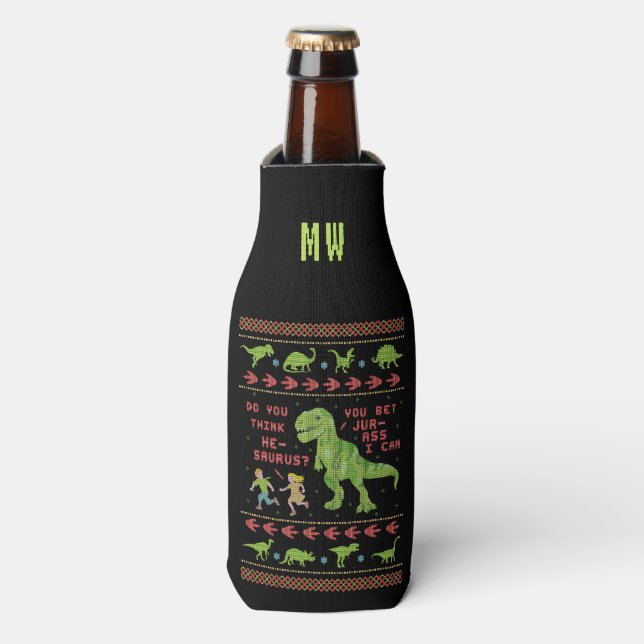Porta-garrafa Engraçado Natal T Rex Dinossaur Humor Faux Knit (Frente da Garrafa)
