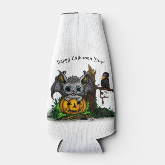 Porta-garrafa Esperando o Halloween, Cute Bat e Raven (Frente)