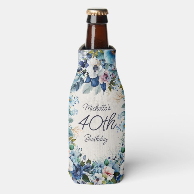 Porta-garrafa Festa de aniversário de 40 anos Floral de Cor Azul (Frente da Garrafa)