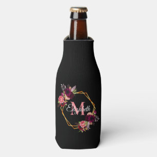 Porta-garrafa Florais rosa preto nome geométrico dourado
