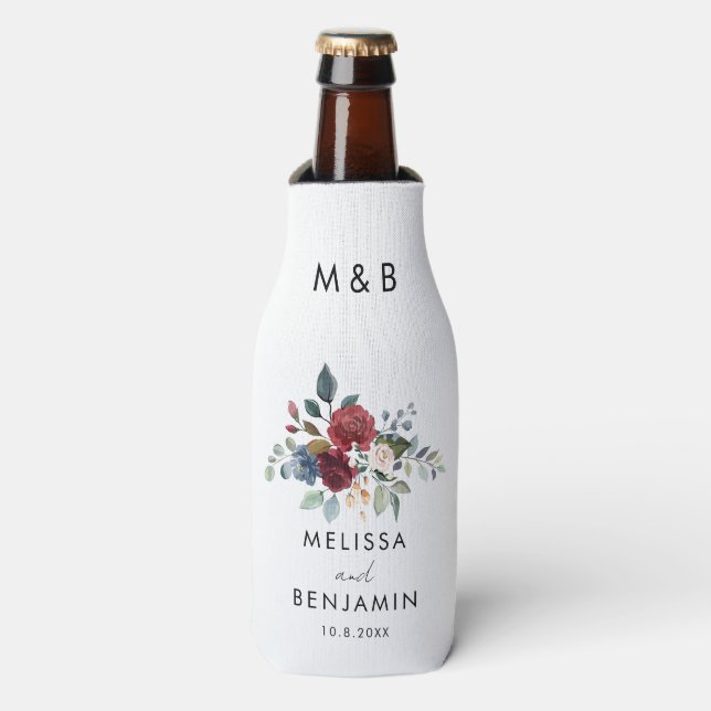 Porta-garrafa Floral Burgundy Elegant Script Wedding Favor (Frente da Garrafa)
