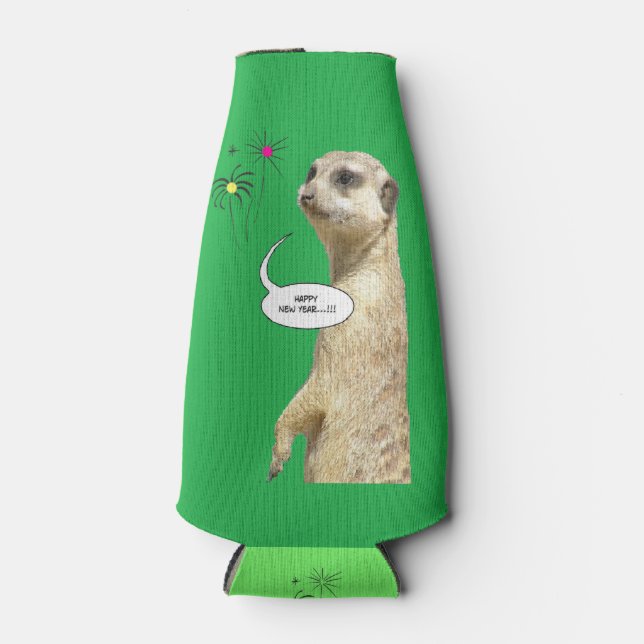 Porta-garrafa Frasco Meerkat feliz ano novo Verde (Frente)