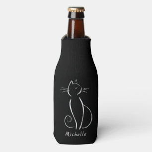 Porta-garrafa Gato Branco Minimizado em Preto Nome Adicionar