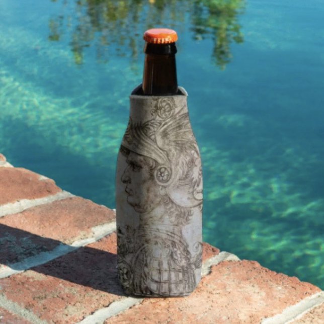 Porta-garrafa Guerreiro Helmado de Leonardo  (Da Vinci’s Ancient Warrior Sketch insulated bottle cooler high-density material. Made in the USA. 
)