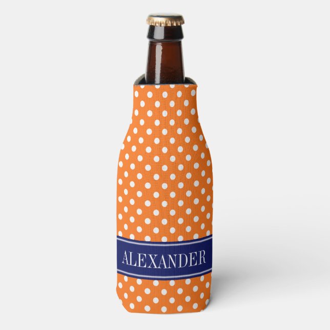 Porta-garrafa Laranja Abóbora Branco Bolinhas Azul Nome Monogram (Frente da Garrafa)