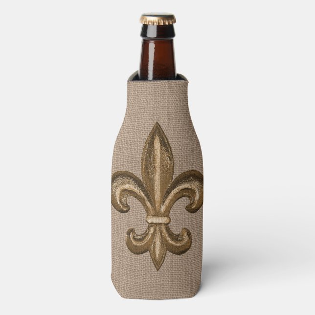 Porta-garrafa Luisiana Fleur de Lis Faux Burlap, Dourado francês (Frente da Garrafa)