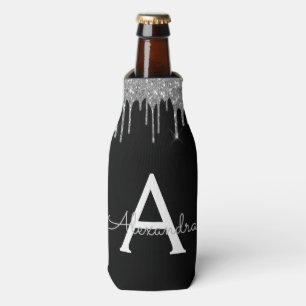 Porta-garrafa Luxo Preto Prateado Brilho Glam Monograma Nome