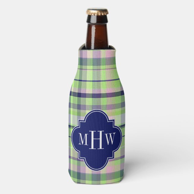 Porta-garrafa Marinho Rosa Pistachio Whpreppy Madras Monograma (Frente da Garrafa)
