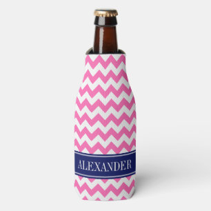 Porta-garrafa Monograma de Nome Rosa Quente Branco Chevron Azul-
