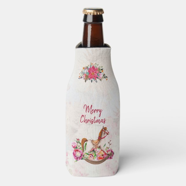 Porta-garrafa Natal Vitoriano do Cavalo Rocking e Poinsettia (Frente da Garrafa)