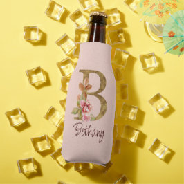 Porta-garrafa Nome Personalizado Folha de Ouro Blush Rosas Rosa