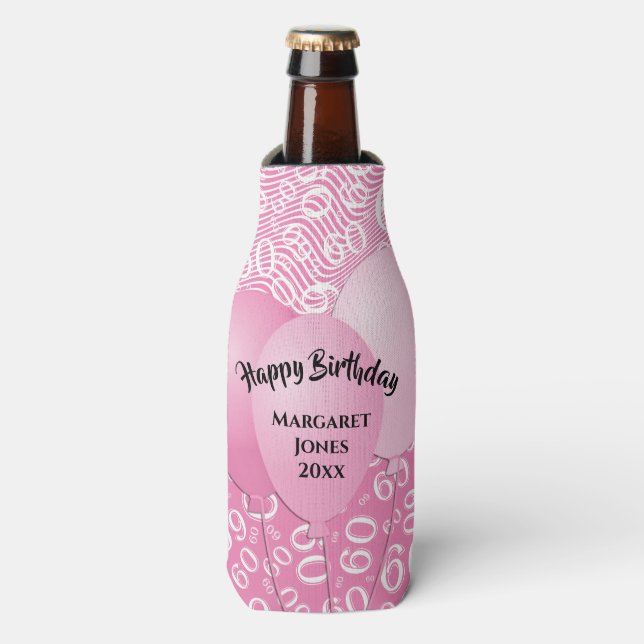 Porta-garrafa Parabéns 60º aniversário Padrão Rosa e Branco (Frente da Garrafa)
