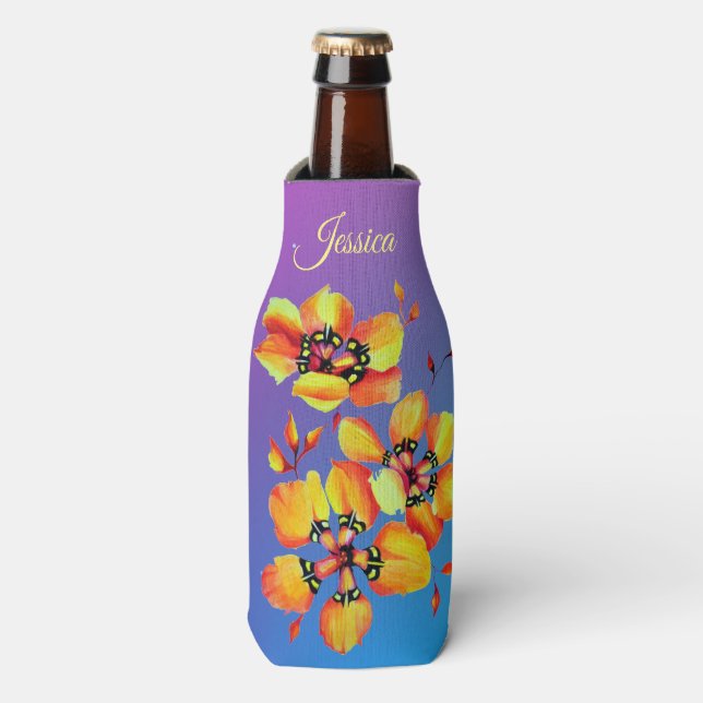 Porta-garrafa Perenes de aquarela sublime em laranja quente (Frente da Garrafa)