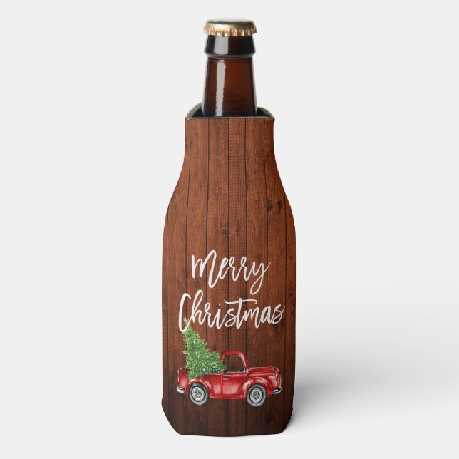 Porta-garrafa Pincel Script Rustic Wood Red Truck Natal (Frente da Garrafa)