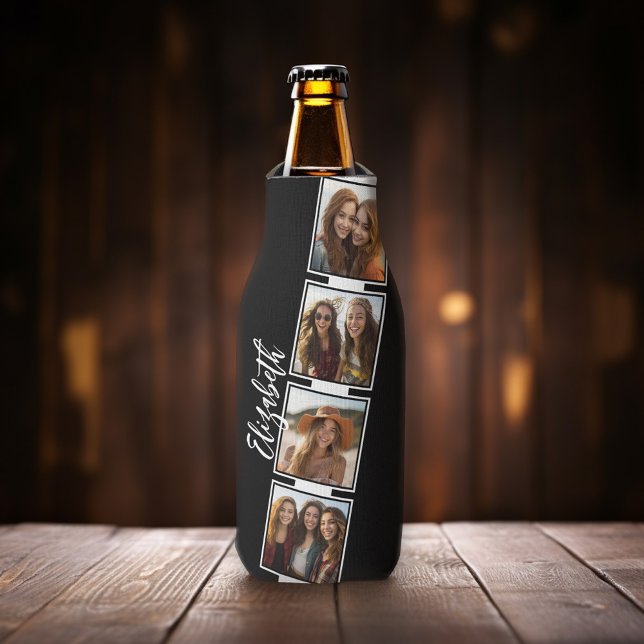 Porta-garrafa Quadrados de Colagem de Fotos Pretos e Brancos Per (Add 4 photos to this personalized bottle cooler.)
