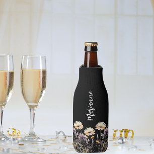 Porta-garrafa Script de nome personalizado preto de flores selva