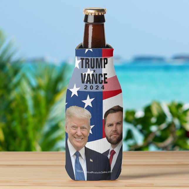 Porta-garrafa Trump Vance 2024 Photo Waving American Flag (trump vance 2024 insulated bottle cooler)
