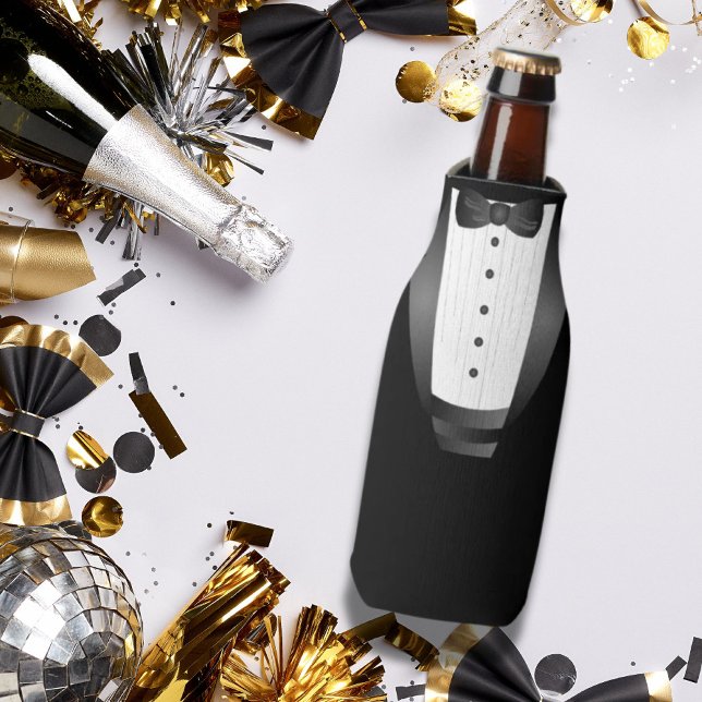 Porta-garrafa Tuxedo preto do Padrinho de casamento da Equipe de (Bachelor Party Groomsman Team Groom black tuxedo Bottle Cooler)