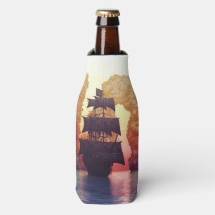 Porta-garrafa Um navio pirata de uma ilha no pôr do sol