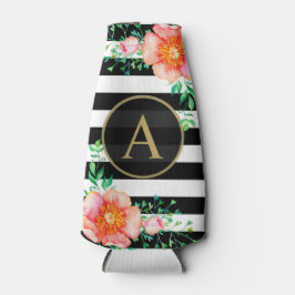 Porta-garrafa Vintage Floral Dourado Monograma Preto, Branco