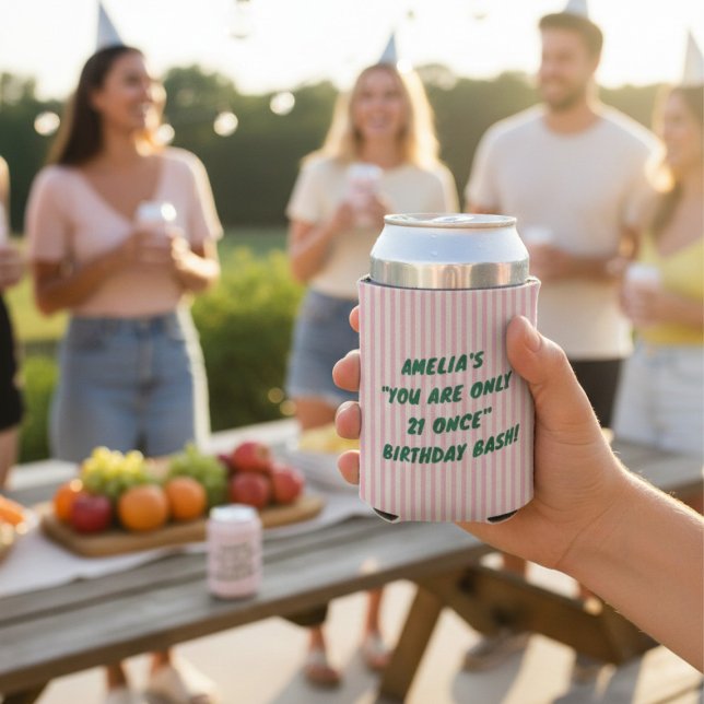 Porta-lata 21st Birthday Bash Pink Green Retro Stripes Party (Criador carregado)