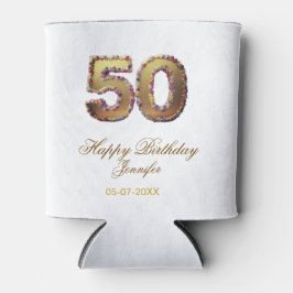 Porta-lata 50th birthday add name date year gold floral bold 