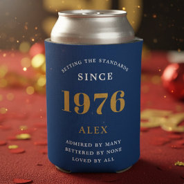 Porta-lata 50th Birthday Name 1976 Blue Gold Elegant Chic