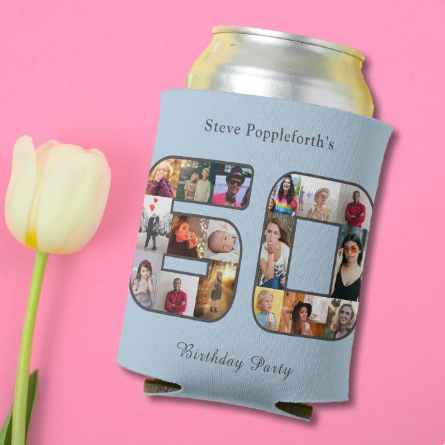 Porta-lata 60º aniversário 60 º aniversário Colagem fotográfi (Light blue 60th birthday can cooler. Unique personalized 60 photo collage template.)