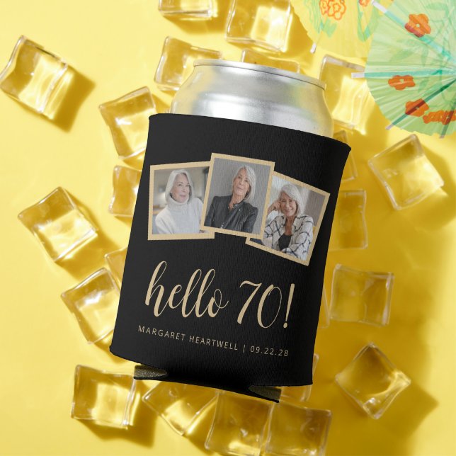 Porta-lata 70 Birthday 3-Photo Black Dourado Script Cheers (Verão in situ)
