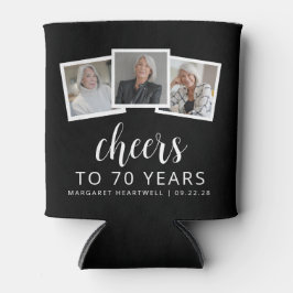 Porta-lata 70 Birthday 3-Photo Black White Script Cheers