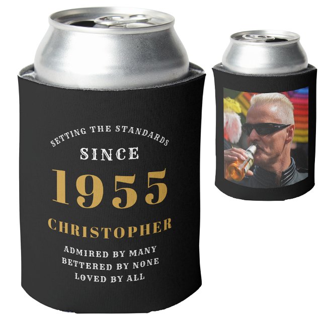 Porta-lata 70 Birthday Black Dourado com foto (Personalized 70th birthday born 1955 can cooler with name and photograph)