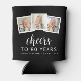 Porta-lata 80 Birthday 3-Photo Black White Script Cheers