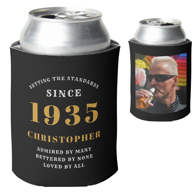 Porta-lata 90 Birthday Black Dourado com foto (90th birthday personalized can cooler with name and photograph)
