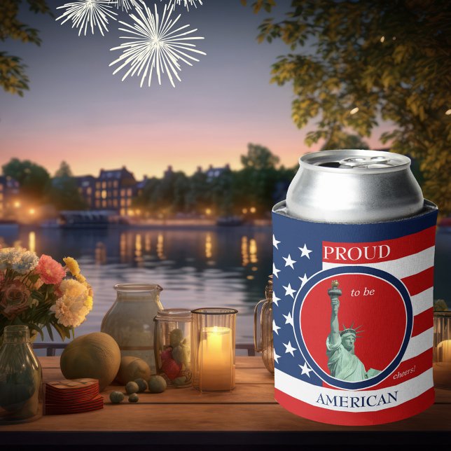 Porta-lata A independência da liberdade nos EUA pode arrefece (Can cooler featuring the American flag with an image of the statue of Liberty. )
