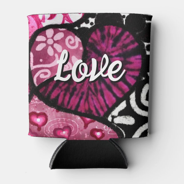 Porta-lata Abstrato Love Heart Pink Floral Bolinhas Pretas (Frente)