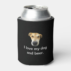 Porta-lata Adoro o meu cão e a cerveja, uma fotografia de um 