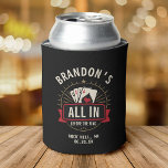 Porta-lata All In Before the Ring Bachelor Party Poker Theme<br><div class="desc">Go all in on bachelor party details with this poker‑themed can cooler featuring a custom name, playing cards graphic, and bold “All In Before the Ring” slogan on a black background. Personalize the city, state, and weekend date to create matching drink holders for the groom’s crew, perfect for casino trips,...</div>