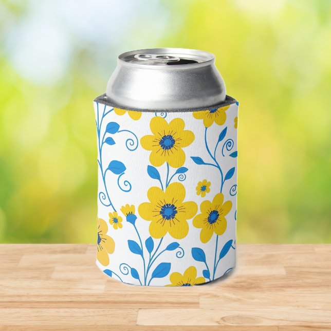 Porta-lata Amarelo-Manteiga e Floral Azul (Butter Yellow and Blue Floral Can Cooler)