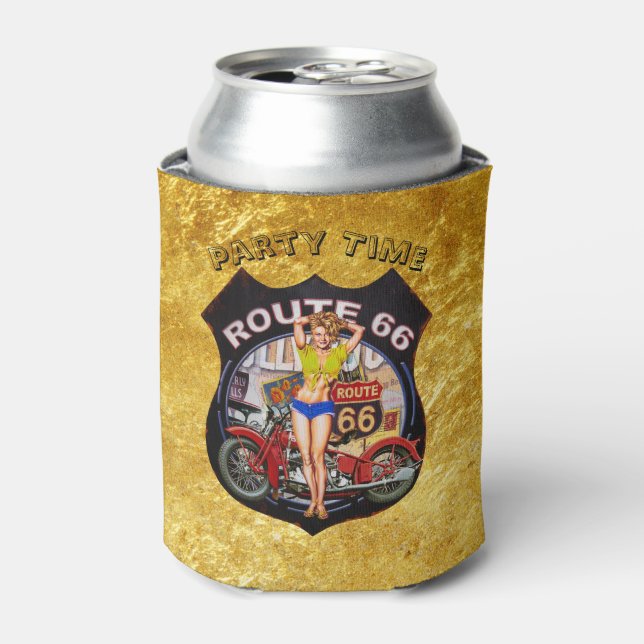 Porta-lata América, rota 66, motociclo e textura dourada (Can Front)