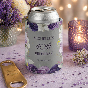 Porta-lata Aniversário de 40 anos com Floral Branco Roxo