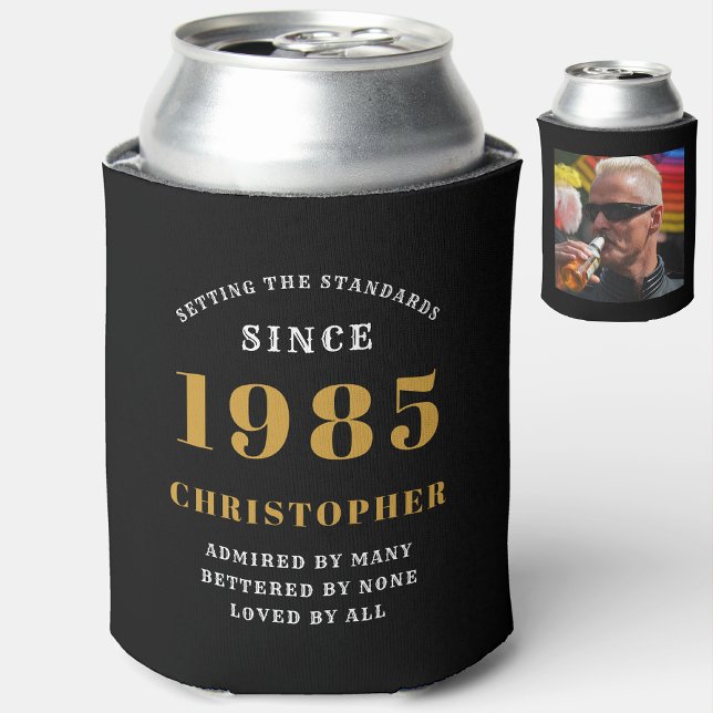 Porta-lata aniversário de 40 anos preto Dourado com foto (Personalized 40th birthday can cooler with photo)