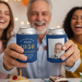 Porta-lata Aniversário de 70 anos personalizado azul dourado 