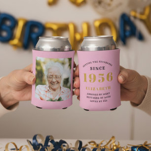 Porta-lata Aniversário de 70 anos personalizado em rosa doura
