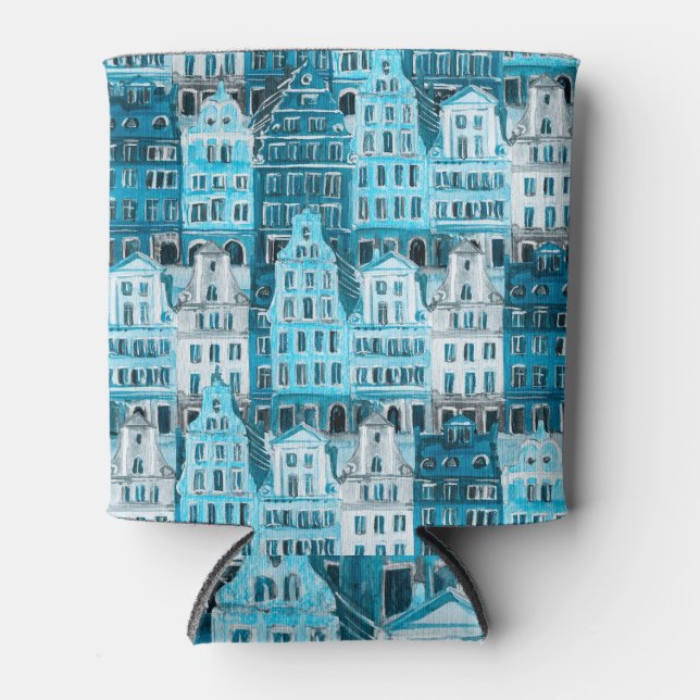 Porta-lata Arquitetura de Amsterdã, textura azul de aquarela. (Frente)