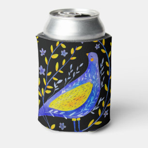 Porta-lata Arte Moderna de Pássaro Azul e Amarelo em Aquarela