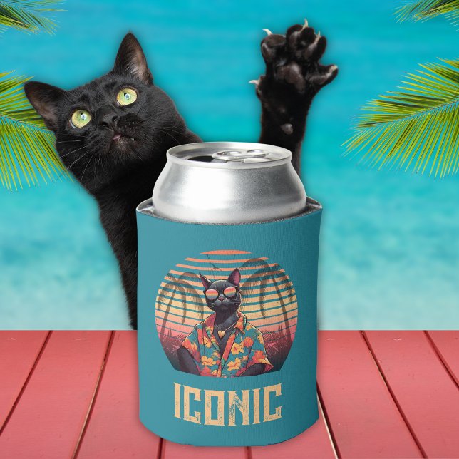Porta-lata Atitude tropical de gato do eterno (Timeless Tropical Cat Attitude Can Cooler with a black cat.)