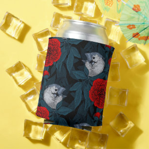 Porta-lata Aves e flores vermelhas de pénia com folhas azuis