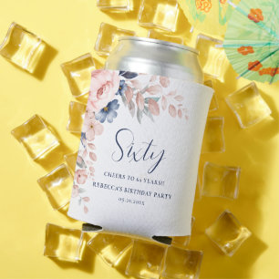 Porta-lata Azul Cor-de-rosa - Script Elegante Floral 60º Aniv