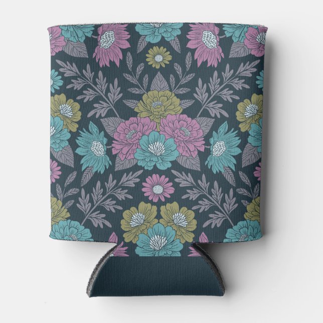 Porta-lata Azul Escuro, Verde e Floral Púrpura (Frente)